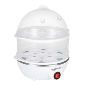 amazon basics Double Decker Egg Boiler | 350 Watt | Boils Upto 14 Eggs | 3 Boiling Modes, Overheat Protection | Stainless Steel Heating Plate, Measuring Cup | 500 ml | Durable | Plastic | White