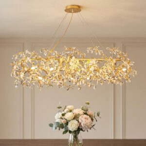 Crystal Chandelier 3-Color Colour (Warm + Natural + Cold White) Gold Leaf Jhumar Light for Living Room Dining Room Hall Ceiling 1200MM