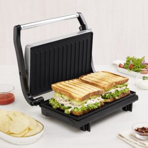 Borosil Grill Sandwich Maker | Can Make 2 Large Sandwich | Made in India, BIS Approved | Nonstick Coated Plates, Even Grilling | Cool Touch Handle | Indicator Light | 2 Years Warranty (Prime Grill)