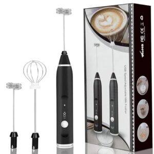 Electric Milk Frother with 2 Attachments (Double-Layer Frother & Egg Whisk), 3-Speed Adjustable, Rechargeable Handheld Coffee Mixer for Latte, Cappuccino, Drinks & Eggs Stainless Steel