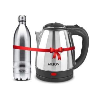 Milton Euroline Combo Set Go Electro Stainless Steel Electric Kettle, 1.2 Litres, Silver and Duo DLX Thermosteel Hot or Cold Stainless Steel Water Bottle, 1 Litres, Silver
