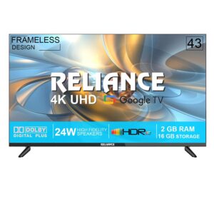 Reliance 43 inch Ultra HD 4K Smart LED Google TV | Frameless Design, 16GB Storage, Voice Remote | Netflix, JioCinema, Disney+ Hotstar | RW43GD8676UHD (Black)
