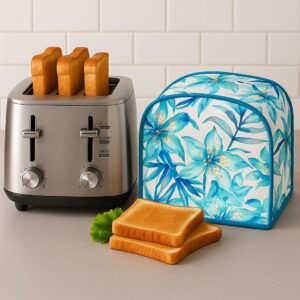 4 Slice Toaster Top Cover Dust & Fingerprint Protection, Machine Washable, Blue Leaves Design, Durable and Stylish Small Appliance Bread Toaster Cover for Kitchen Appliances, 12x23 Inch