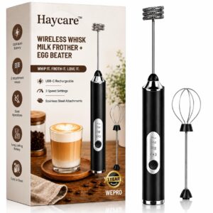 Wireless Milk Frother & Egg Beater, USB-C Rechargeable Handheld Coffee Frother, 3 Speed Settings, 1200mAh Battery, 2 Stainless Steel Whisk Attachments for Latte, Cappuccino, Matcha & Baking