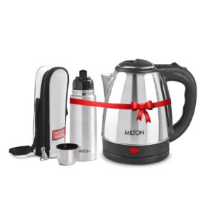 MILTON Euroline Combo Set Go Electro Stainless Steel Electric Kettle, 1.2 Litres, Silver And Flip Lid Thermosteel Hot Or Cold Stainless Steel Water Bottle With Jacket, 1 Litre, Silver,1350 Watts