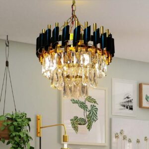 Desidiya Black Mamba Modern Crystal Pendant Light 2 Tiers Black and Gold Fixtures 14? Round, Stainless Steel Tube Crystal Golden Finish Exqusite Design Pendant for Home and Office (300mm)