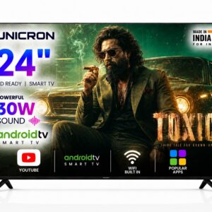 UNICRON 24 Inch Android Smart TV, HD+ LED Television with Bazeless Frame, 30 Watt Sound Speaker, WiFi Enabled & IPS A+ Display Panel HDR Support TE