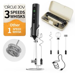 CIRCLE JOY Rechargeable Milk Frother for Coffee with Stand & Storage Box, 3 Variable Speeds, 3 Whisks, Coffee Frother Electric Drink Mixer for Latte, Cappuccino, Hot Chocolate, Eggs and Protein Powder