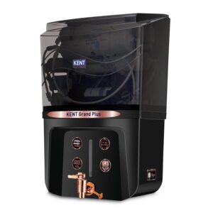 KENT Grand Plus Alkaline + Copper RO Water Purifier | RO+UV+UF+Alkaline+Copper+TDS Control+UV in Tank|ISI Marked| Auto Flush Feature|9L Tank|20 LP/Hr |Ideal For Borewell/Tanker/Municipal Water | Black