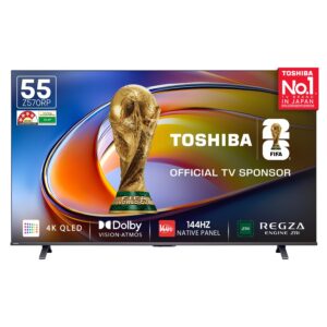 Toshiba 139 cm (55 Inches) 4K Ultra HD Smart QLED TV | Dolby Vision Atmos, HDR10+ | 144 Hz Panel | 24W Powerful Speaker | REGZA Engine ZRi | Voice Control | VIDAA OS | 55Z570RP (Black) (55Z570RP)
