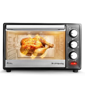 Longway Royal Plus OTG 28L Oven Toaster Griller with Illuminated Chamber, 360 ?Motorized Rotisserie with Multiple Heating Modes for Baking Pizza Cake, Grilling Chicken & Toasting Bread (1500W, Silver)