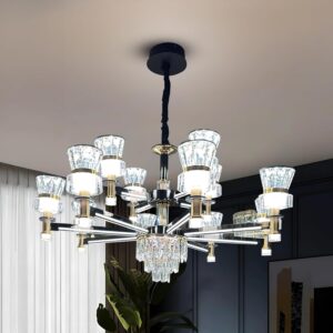 Smartway? Bakie 100 CM Smart LED Chandelier | Google & Alexa Voice Control | Adjustable Height Modern Ceiling Chandelier Light | 3 Color Modes | Luxury Crystal Accent Chandelier for Living Room