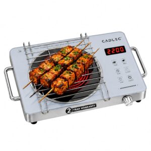 CADLEC HeatBlaze 2200W Infrared Cooktop | All Utensils Compatible, Fast Heating, 3 Preset Cooking Modes, Touch Control, Crystal Glass Plate & Digital Display | Barbecue Grill Rack | Silver