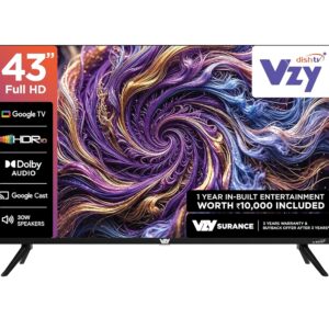 VZY 108 cm (43 inch) Full HD Smart TV with | 1 Year Premium Content Offering (200+DTH Channels & 18+OTTs) | HDR10 | 1GB RAM, 8GB Storage | ALLM | Voice Remote | 3 HDMI, 2 USB (A43FDLG5X)